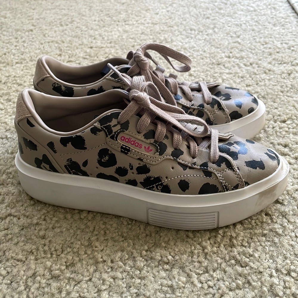 Adidas cheetah print sleek leather sneakers